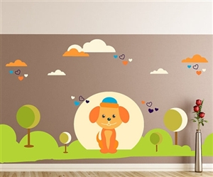 PUPPY WITH TREES AND CLOUDS WALL DECAL KIT - NURSERY ROOM DECOR - WALL FABRIC - VINYL DECAL - REMOVABLE AND REUSABLE