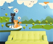 CATS BIRDS MOUNTAINS AND CLOUDS WALL DECAL KIT -NURSERY ROOM DECOR -WALL FABRIC -VINYL DECAL -REMOVABLE AND REUSABLE