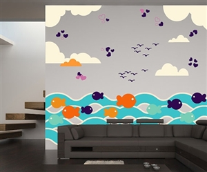 FISH WITH WAVES AND BIRDS WALL DECAL KIT - NURSERY ROOM DECOR - WALL FABRIC - VINYL DECAL - REMOVABLE AND REUSABLE