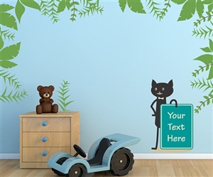 CAT HOLDING SIGN WITH LEAFS WALL DECAL KIT - NURSERY ROOM DECOR - WALL FABRIC - VINYL DECAL - REMOVABLE AND REUSABLE