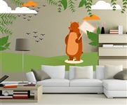BROWN BEAR CLOUDS WITH BIRDS WALL DECAL KIT - NURSERY ROOM DECOR -WALL FABRIC - VINYL DECAL - REMOVABLE AND REUSABLE