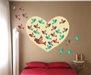 HEART WITH COLORFUL BIRDS WALL DECAL KIT - NURSERY ROOM DECOR -WALL FABRIC - VINYL DECAL - REMOVABLE AND REUSABLE