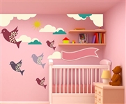 BIRDS CLOUDS AND SUN WALL DECAL KIT - NURSERY ROOM DECOR - WALL FABRIC - VINYL DECAL - REMOVABLE AND REUSABLE