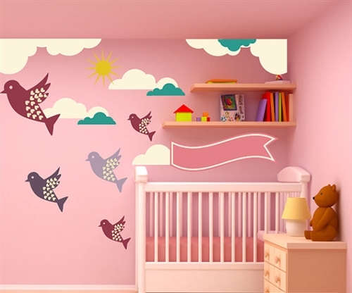 Birds Clouds And Sun Wall Decal Kit Nursery Room Decor Fabric Vinyl Removable Reusable - Sun Wall Decal Nursery