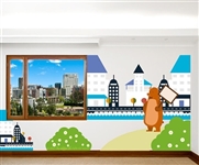 BEAR WITH HOUSE AND HILL WALL DECAL KIT - NURSERY ROOM DECOR - WALL FABRIC - VINYL DECAL - REMOVABLE AND REUSABLE