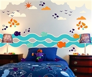 FISH BIRDS WAVES CLOUD WALL DECAL KIT - NURSERY ROOM DECOR - WALL FABRIC - VINYL DECAL - REMOVABLE AND REUSABLE